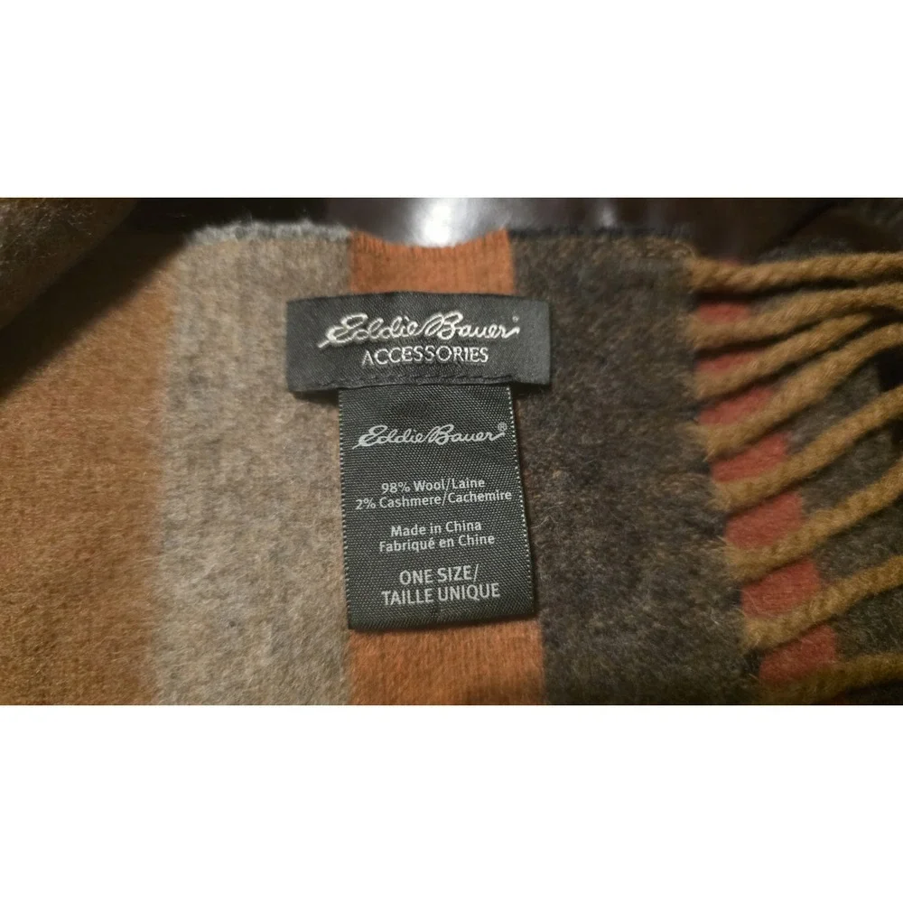 Eddie Bauer Wool & Cashmere knit scarf orange brown tan Geometric Fringe 75x10